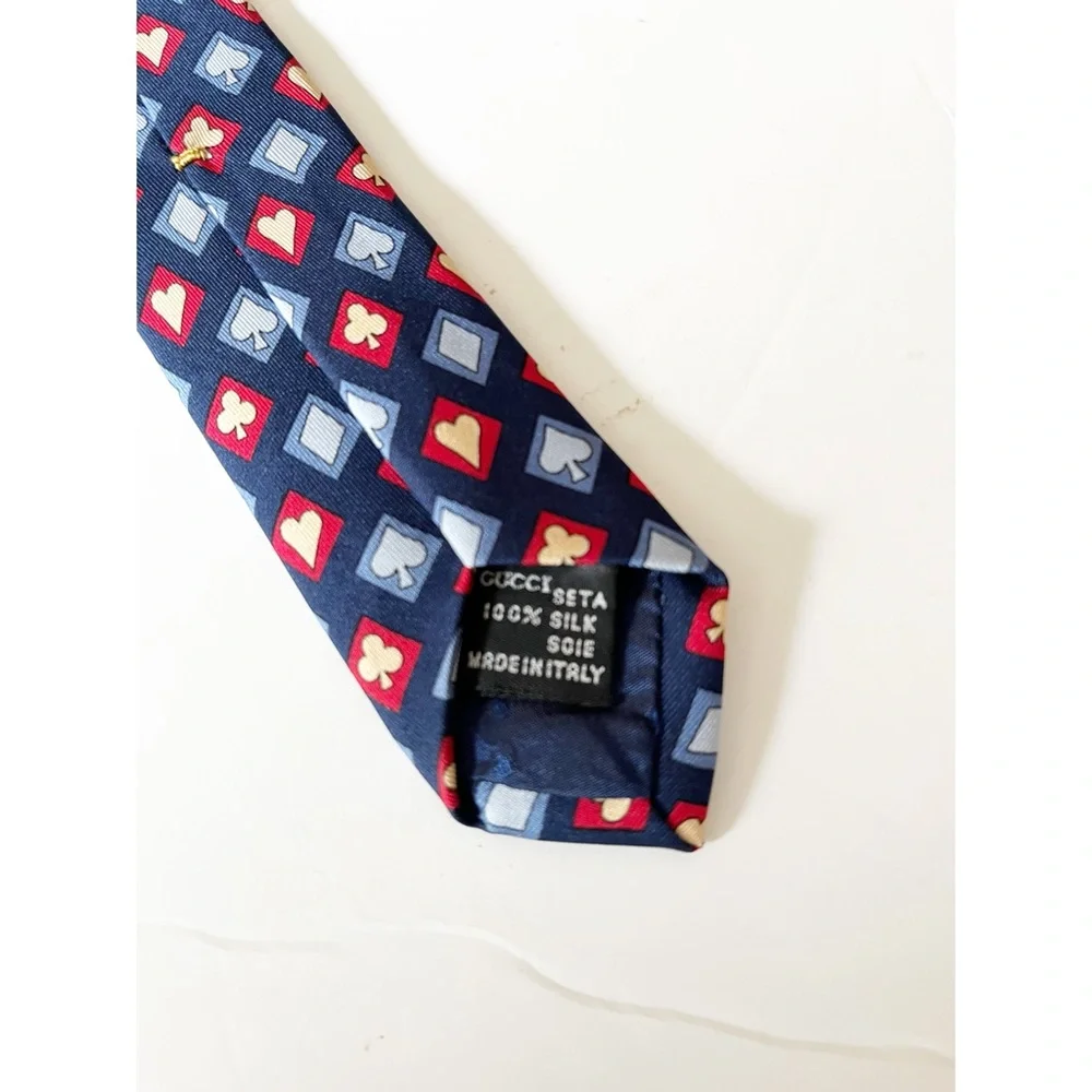 Gucci blue/red/gold card print silk tie
